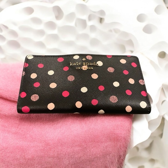 kate spade Handbags - Kate Spade Black Slim Bifold Wallet with Pink & White Polka Dots EUC